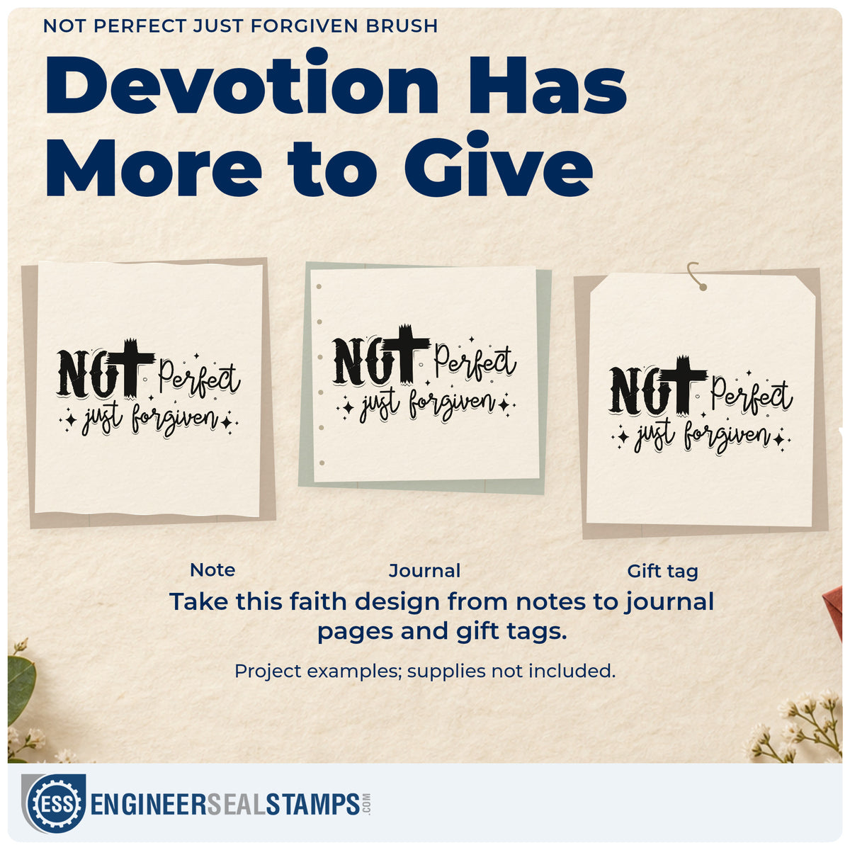 Three project examples made with the Not Perfect Just Forgiven Brush Brushstroke Cross Self-Inking Stamp, including candid pages.