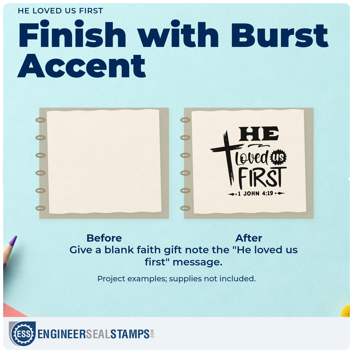 Before and after of a plain item finished with the He Loved Us First Craft Stamp – Self-Inking, a quick upgrade for newborn gifts.