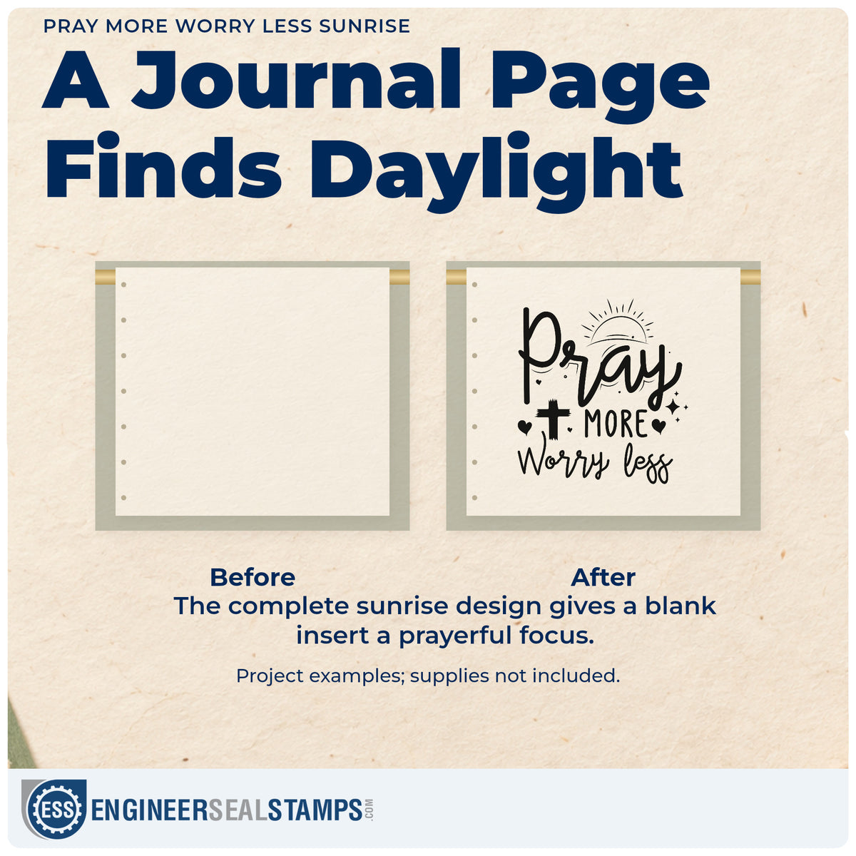 Before and after of a plain item finished with the Pray More Worry Less Sunrise With Cross Self-Inking Stamp, a quick upgrade for nurse station notes.