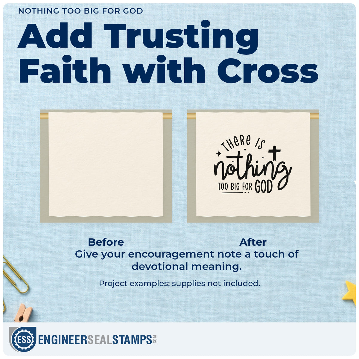 Before and after of a plain item finished with the Nothing Too Big For God Stamp - Premium Vintage Pro Wooden, a quick upgrade for building campaign cards.