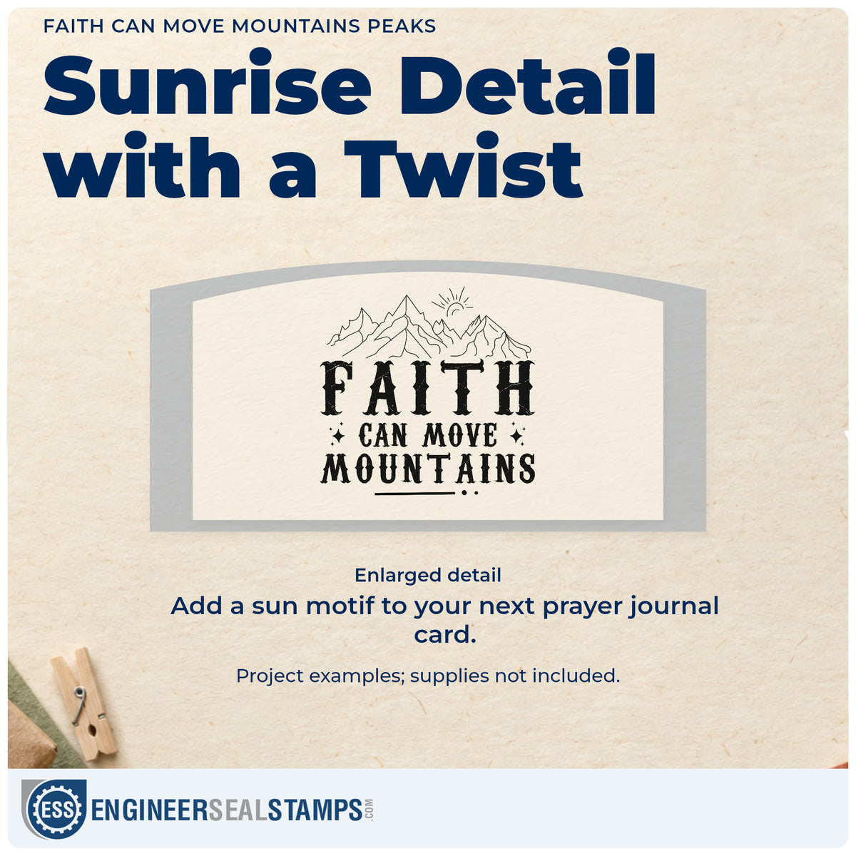 Enlarged detail of the Faith Can Move Mountains Peaks Wood-Mounted Rubber Stamp imprint. Outlined mountain peaks and a rising sun sit above bold "Faith can move mountains."