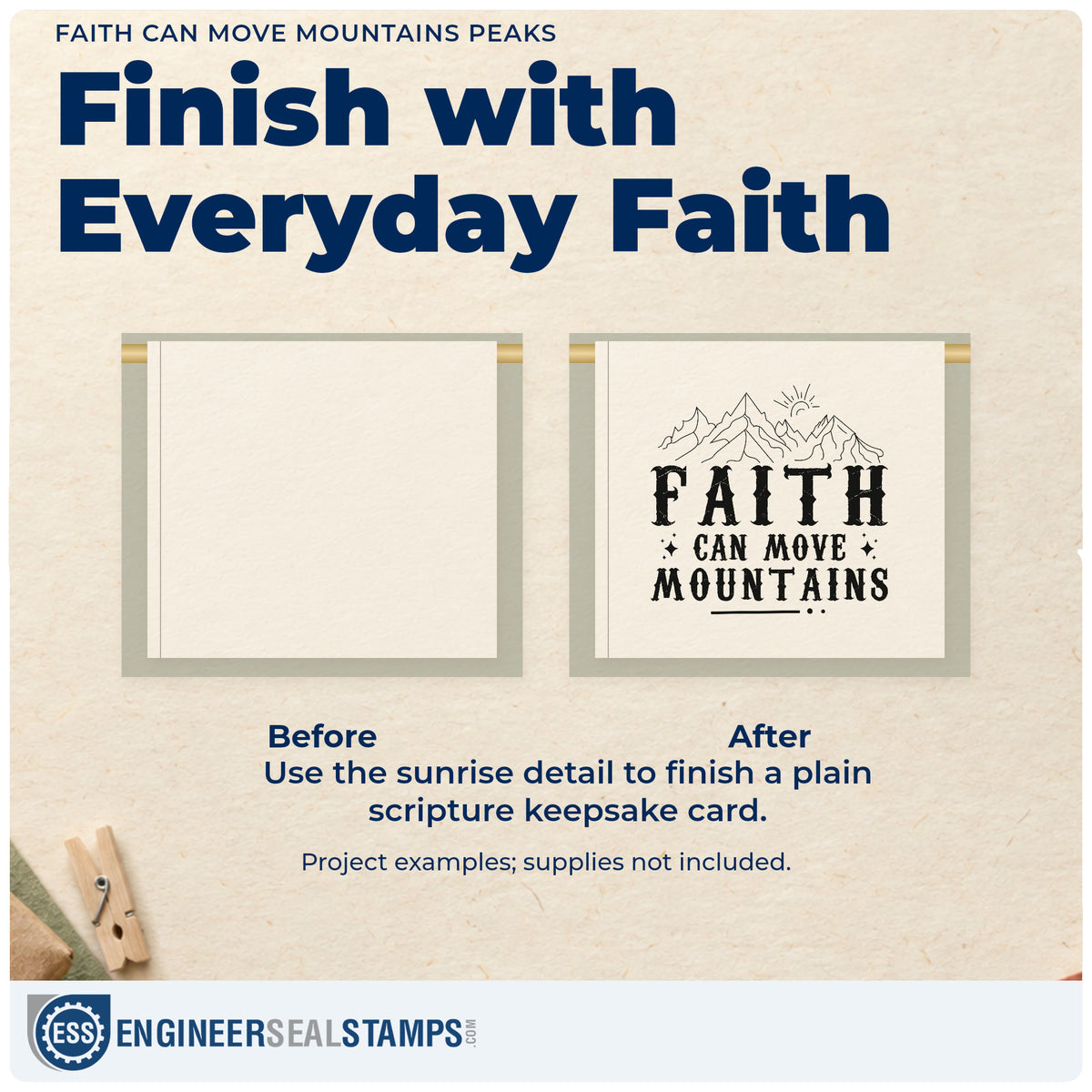 Before and after of a plain item finished with the Faith Can Move Mountains Peaks Self-Inking Stamp, a quick upgrade for easter sunrise programs.