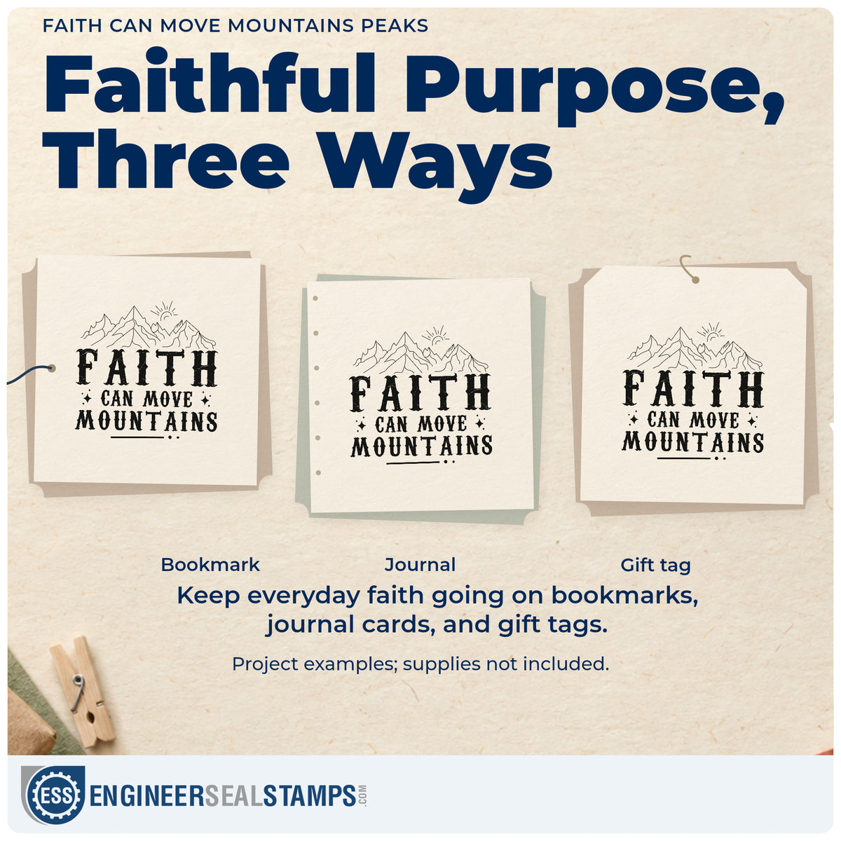 Three project examples made with the Faith Can Move Mountains Peaks Wood-Mounted Rubber Stamp, including summit pages.