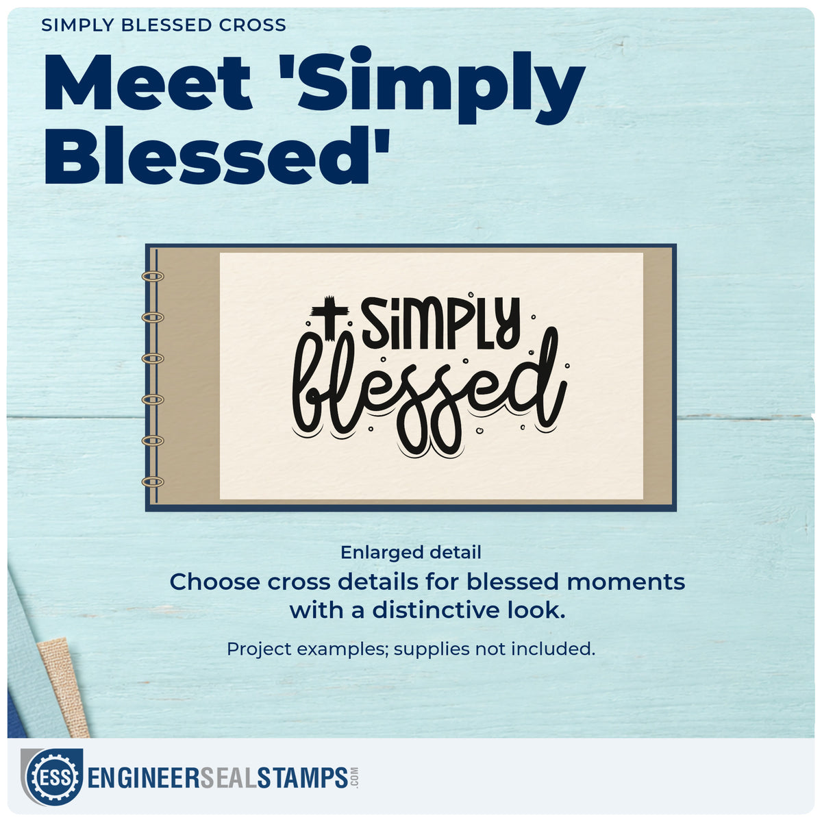 Enlarged detail of the Simply Blessed Cross Stamp – Self-Inking imprint. A small cross, dots, and sparkles accent "Simply blessed" in bold and script lettering.