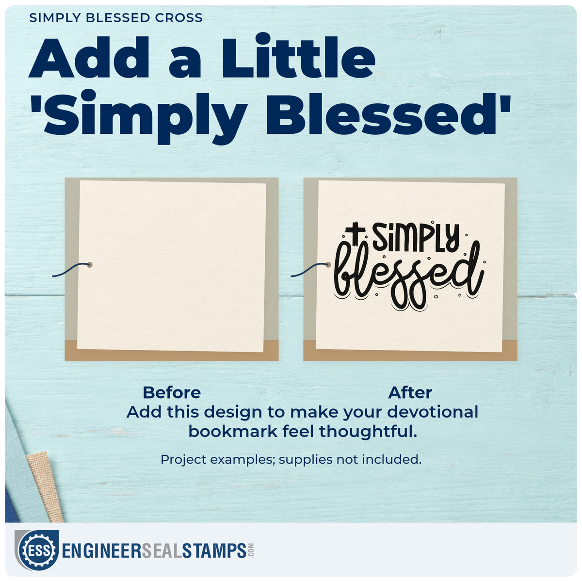 Before and after of a plain item finished with the Simply Blessed Cross Pre-Inked Stamp – Slim, a quick upgrade for hostess gift tags.