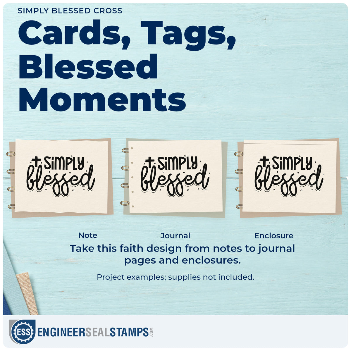Three project examples made with the Simply Blessed Cross Stamp – Self-Inking, including gratitude pages.