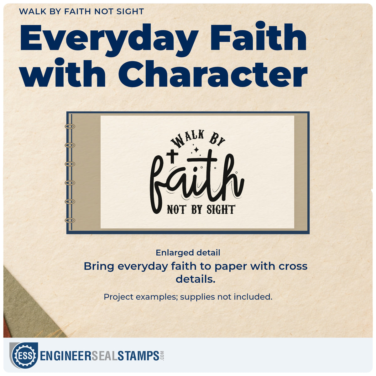 Enlarged detail of the Walk By Faith, Not By Sight With Cross Stamp – PSI Pre-Inked imprint. Crosses and sparkles accent "Walk by faith, not by sight," emphasizing large "Faith" script.
