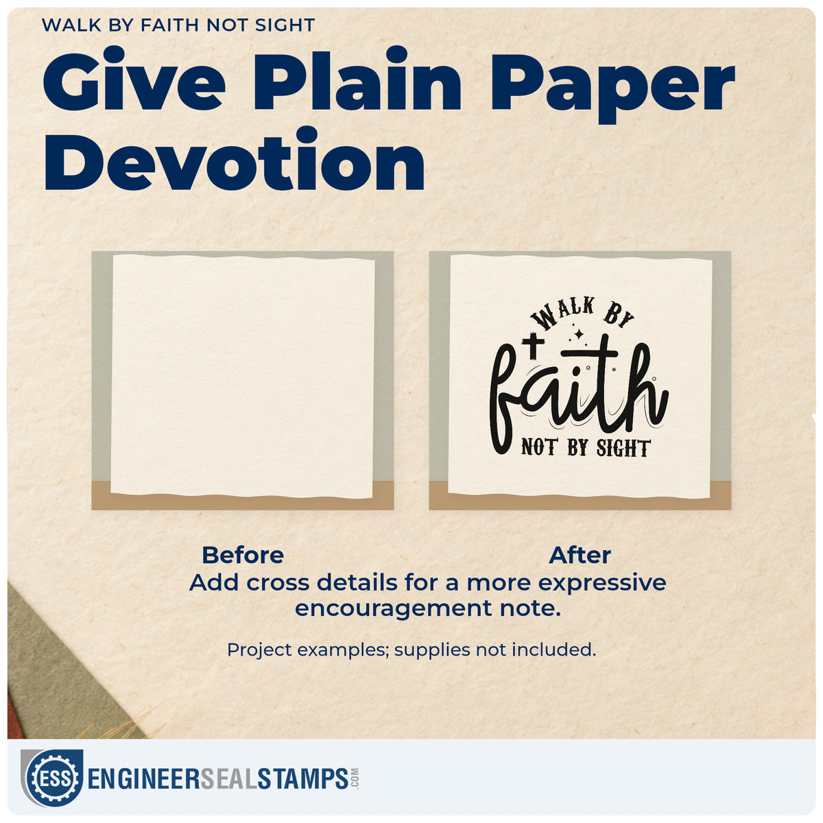 Before and after of a plain item finished with the Walk By Faith, Not By Sight With Cross Stamp - Premium Vintage Pro Wooden, a quick upgrade for hiking gift tags.