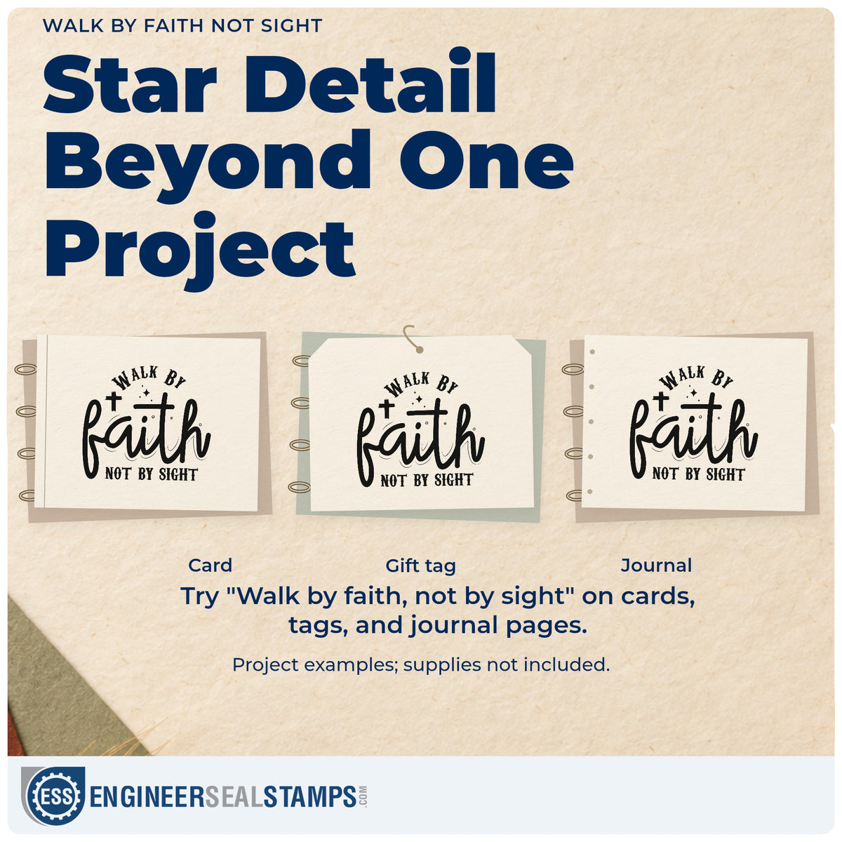 Three project examples made with the Walk By Faith, Not By Sight With Cross Slim Pre-Inked Stamp, including journey pages.