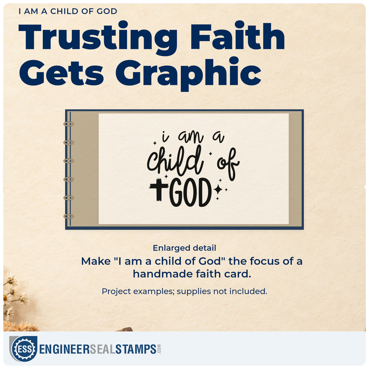Enlarged detail of the I Am A Child Of God Stamp – Slim Pre-Inked imprint. A cross and sparkles accompany "I am a child of God" in mixed lettering.