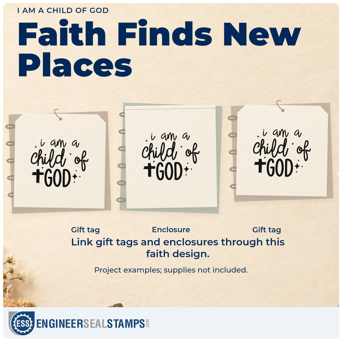 Three project examples made with the I Am A Child Of God Rubber Stamp – Wood Handle, including newborn pages.
