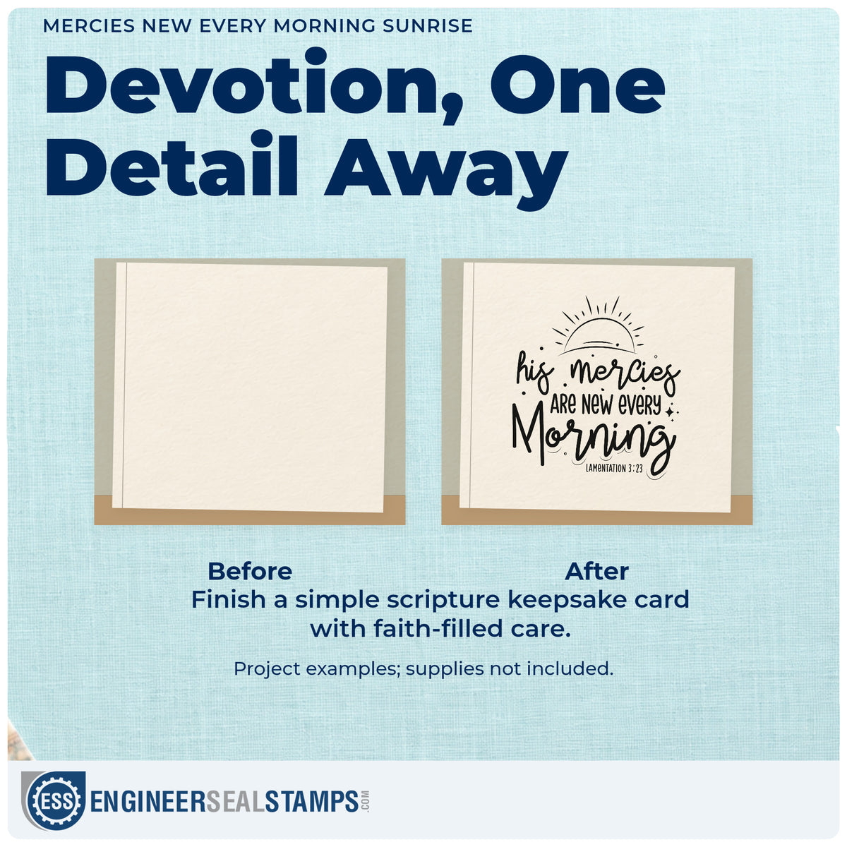 Before and after of a plain item finished with the Mercies New Every Morning Sunrise Wood Handle Stamp, a quick upgrade for recovery milestones.