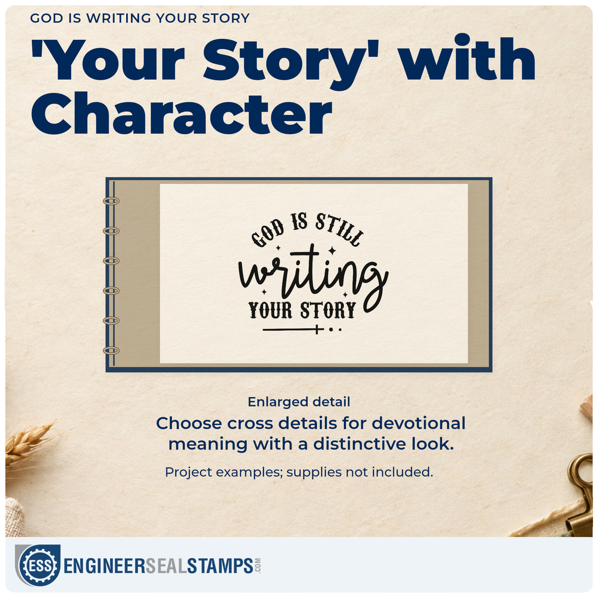 Enlarged detail of the God Is Writing Your Story Rubber Stamp – Wood Handle imprint. Arched "God is still" sits above large "Writing" script and "Your story," with small cross accents.