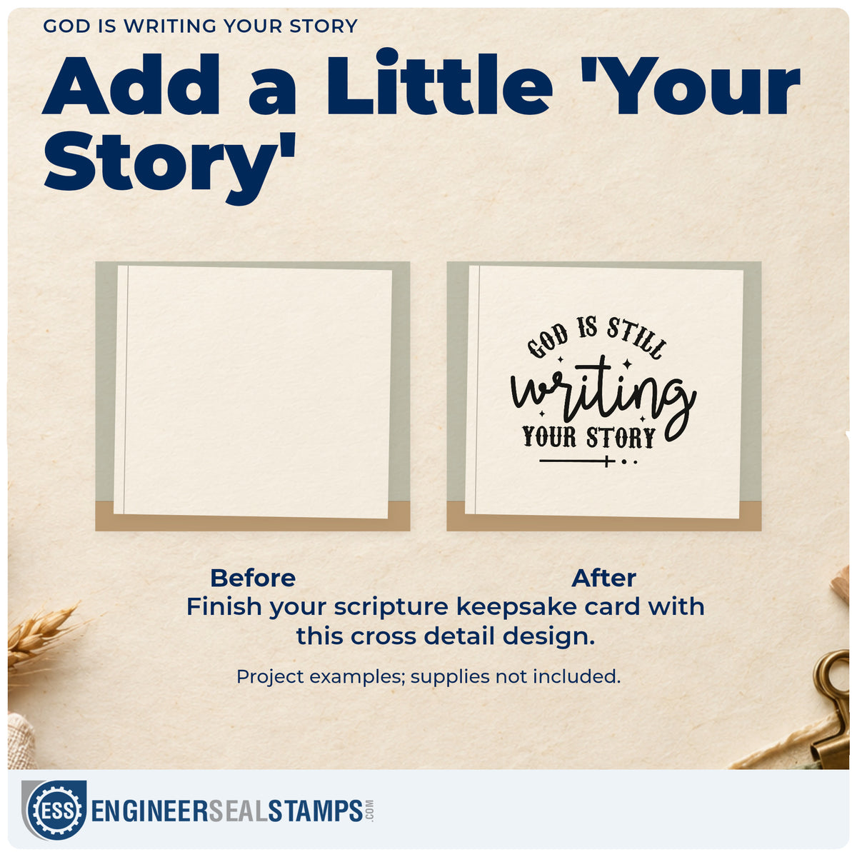 Before and after of a plain item finished with the God Is Writing Your Story Craft Stamp – Self-Inking, a quick upgrade for book club gifts.