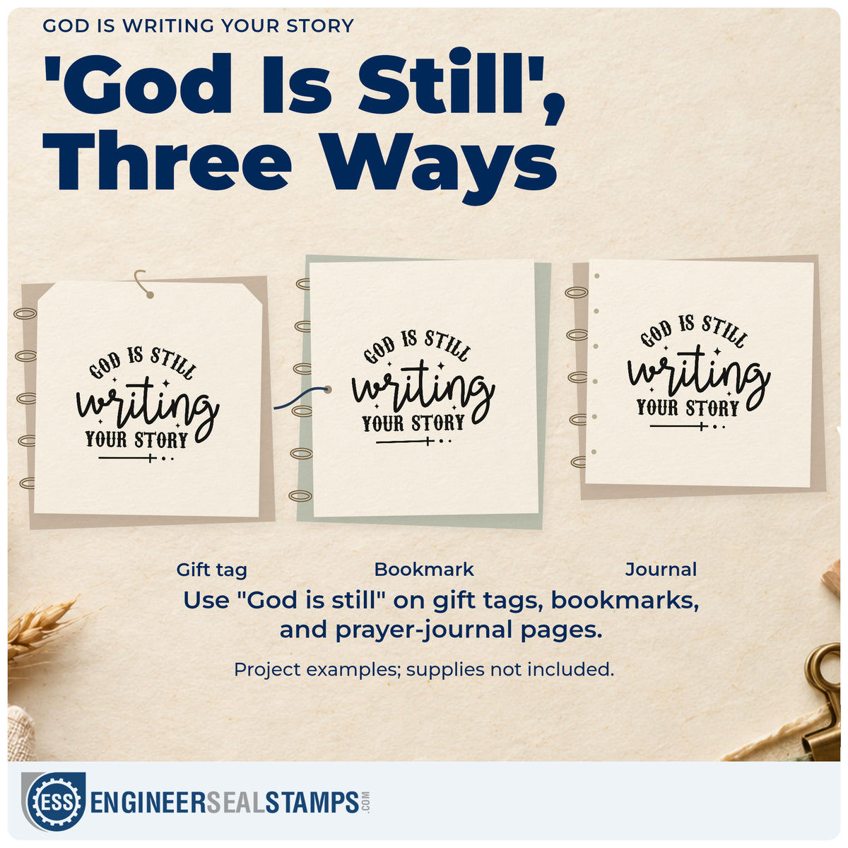 Three project examples made with the God Is Writing Your Story Rubber Stamp – Wood Handle, including life chapter pages.