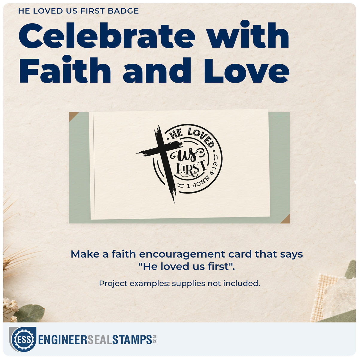 A finished handmade project stamped with the He Loved Us First Emblem Stamp – Wood Handle, ideal for baptism gift tags.