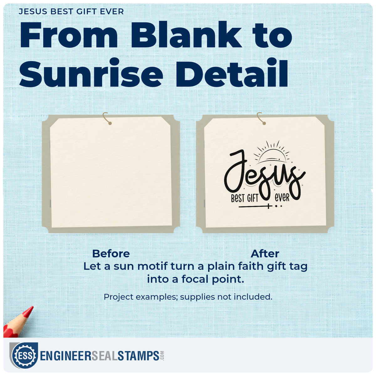 Before and after of a plain item finished with the PSI Pre-Inked Jesus Best Gift Ever Stamp, a quick upgrade for wrapping paper.
