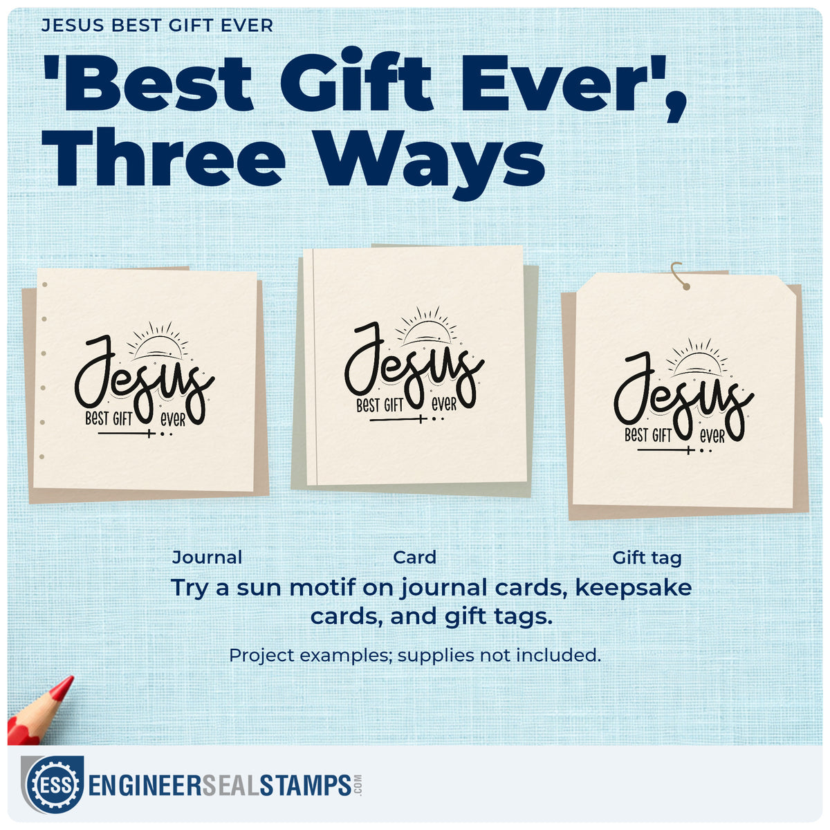 Three project examples made with the Jesus Best Gift Ever Rubber Stamp – Wood Handle, including nativity scrapbooks.