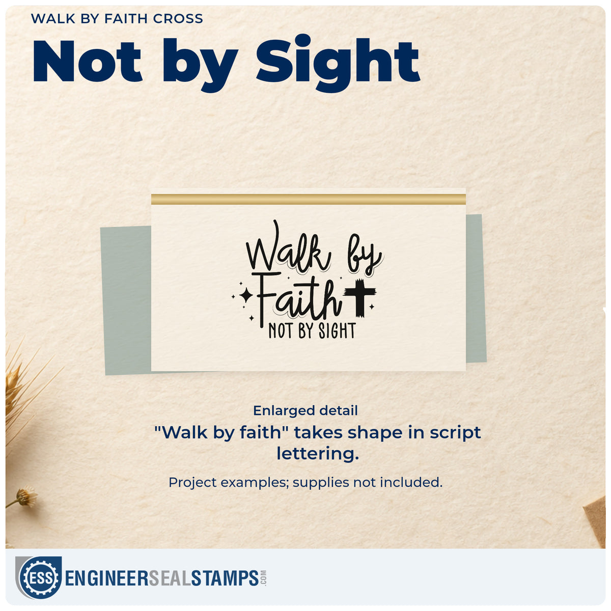 Enlarged detail of the Walk By Faith Cross Accent Rubber Stamp – Duo Hand imprint. Mixed script reads "Walk by faith" above "Not by sight," with a cross and sparkles.