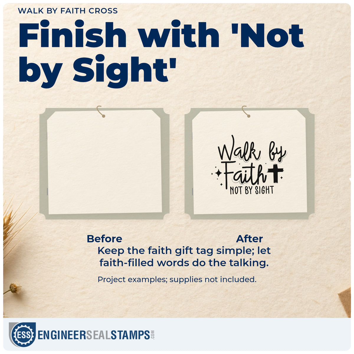 Before and after of a plain item finished with the Premium Wooden Walk By Faith Cross Accent Stamp - Vintage Pro, a quick upgrade for vision board cards.