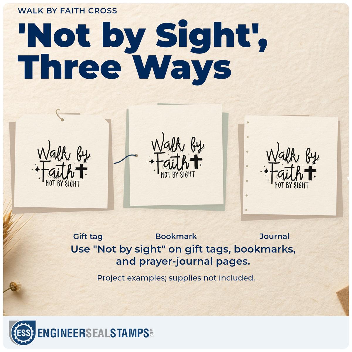 Three project examples made with the Walk By Faith Cross Accent Rubber Stamp – Duo Hand, including milestone scrapbooks.