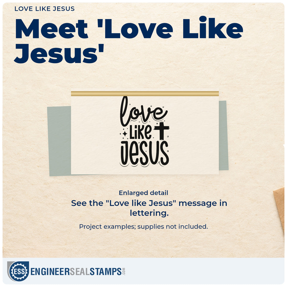 Enlarged detail of the Love Like Jesus With Cross Wood-Mounted Rubber Stamp imprint. A cross and sparkles accent stacked "Love like Jesus" lettering.