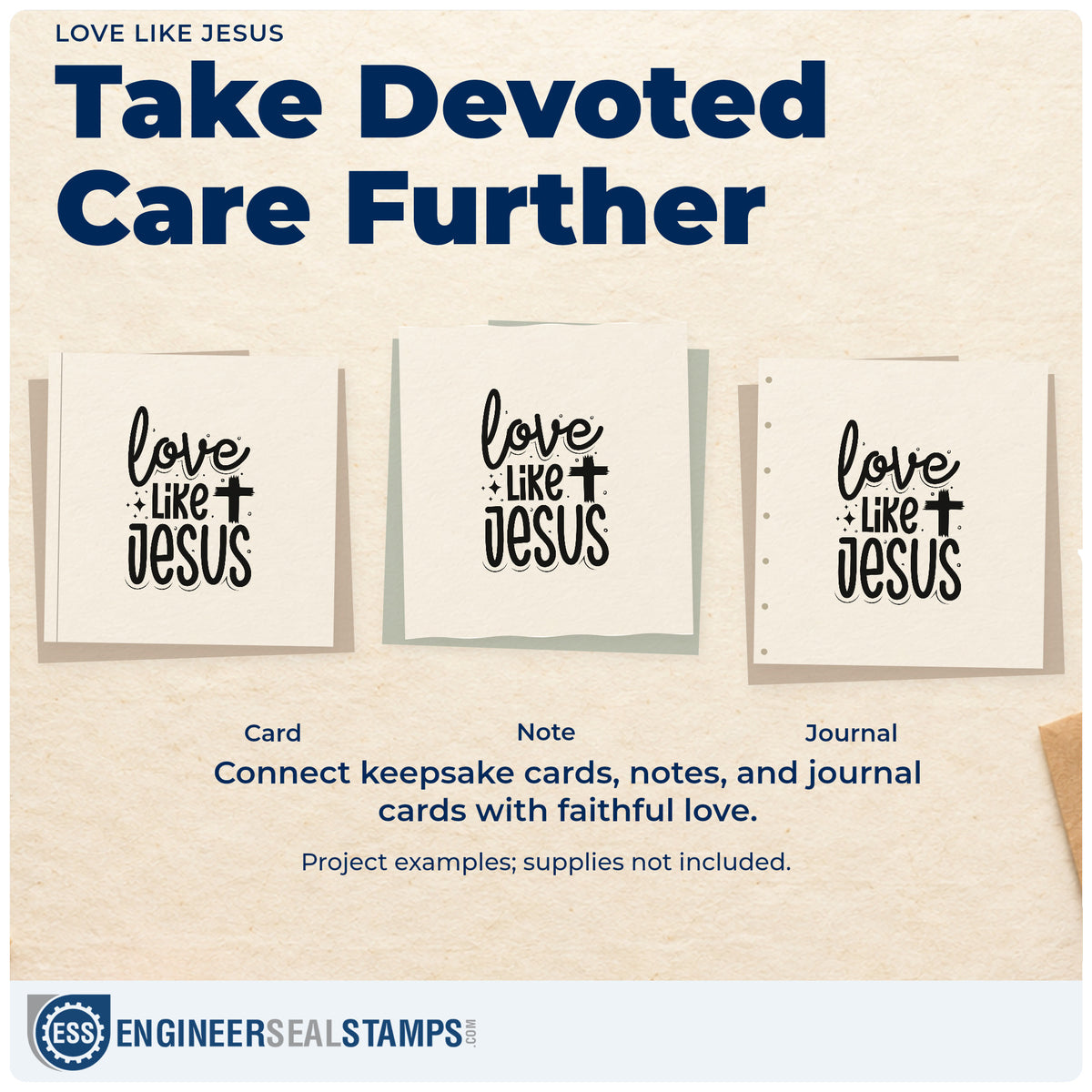 Three project examples made with the Love Like Jesus With Cross Self-Inking Stamp, including service project pages.
