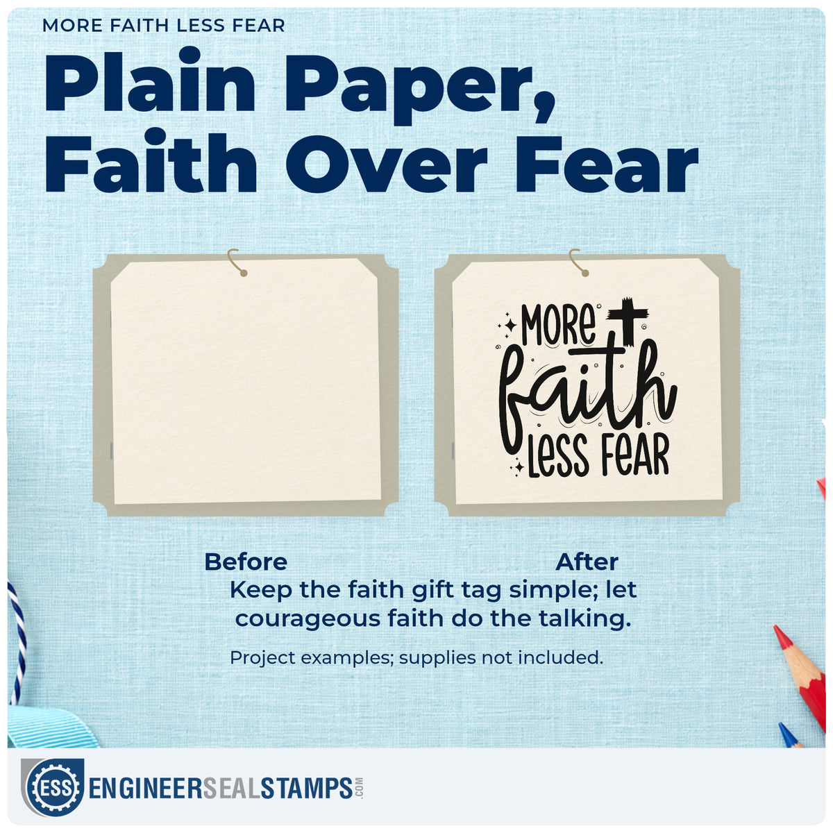 Before and after of a plain item finished with the More Faith, Less Fear With Cross Slim Pre-Inked Stamp, a quick upgrade for therapy tote bags.