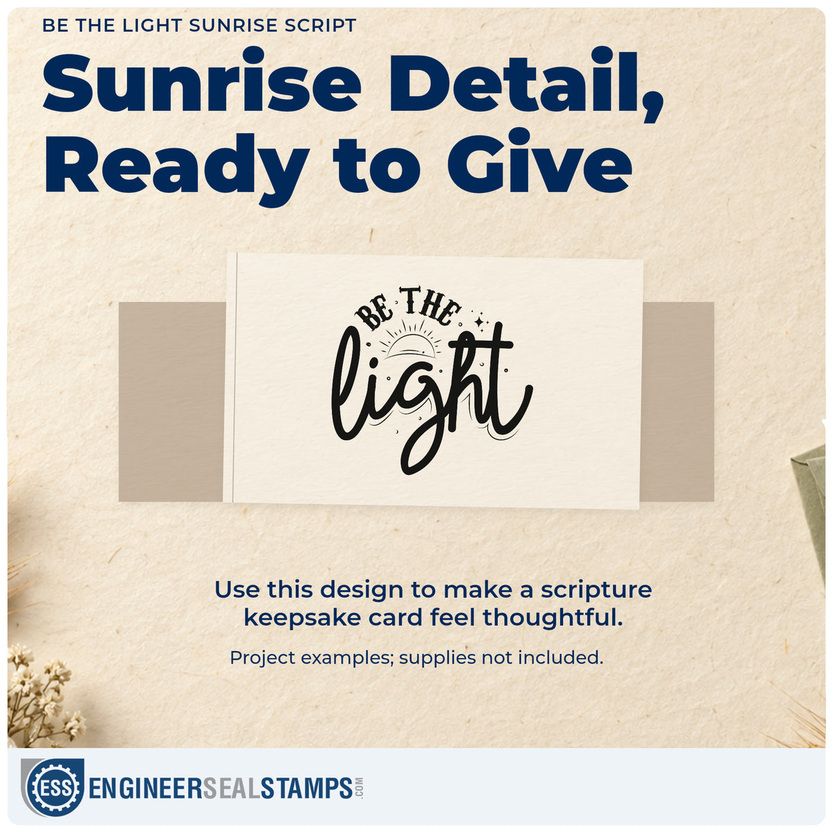 A finished handmade project stamped with the Vintage Pro Be The Light Sunrise Script Premium Wooden Stamp, ideal for teacher gift tags.