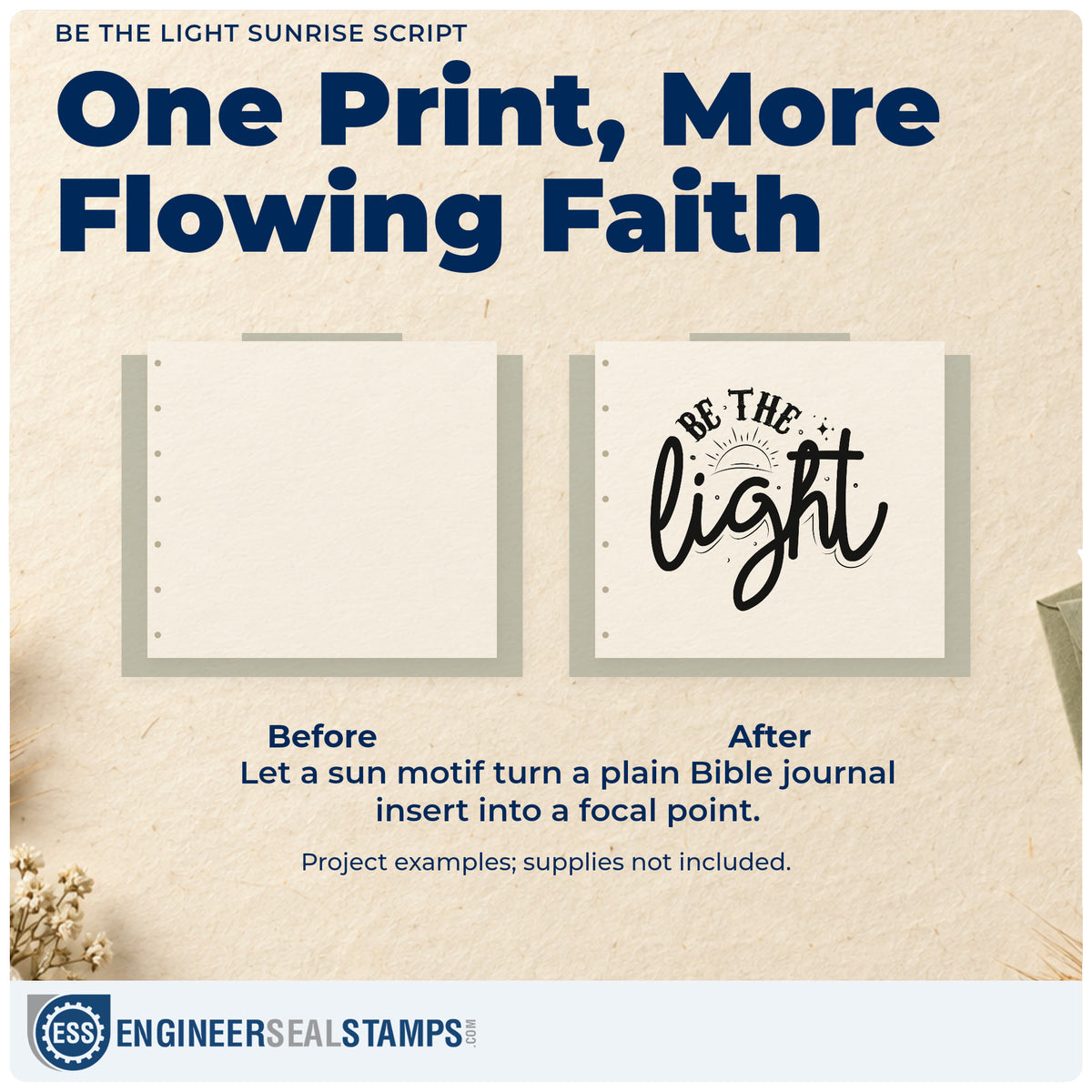 Before and after of a plain item finished with the Be The Light Sunrise Script Stamp – Self-Inking, a quick upgrade for mentor thank-yous.