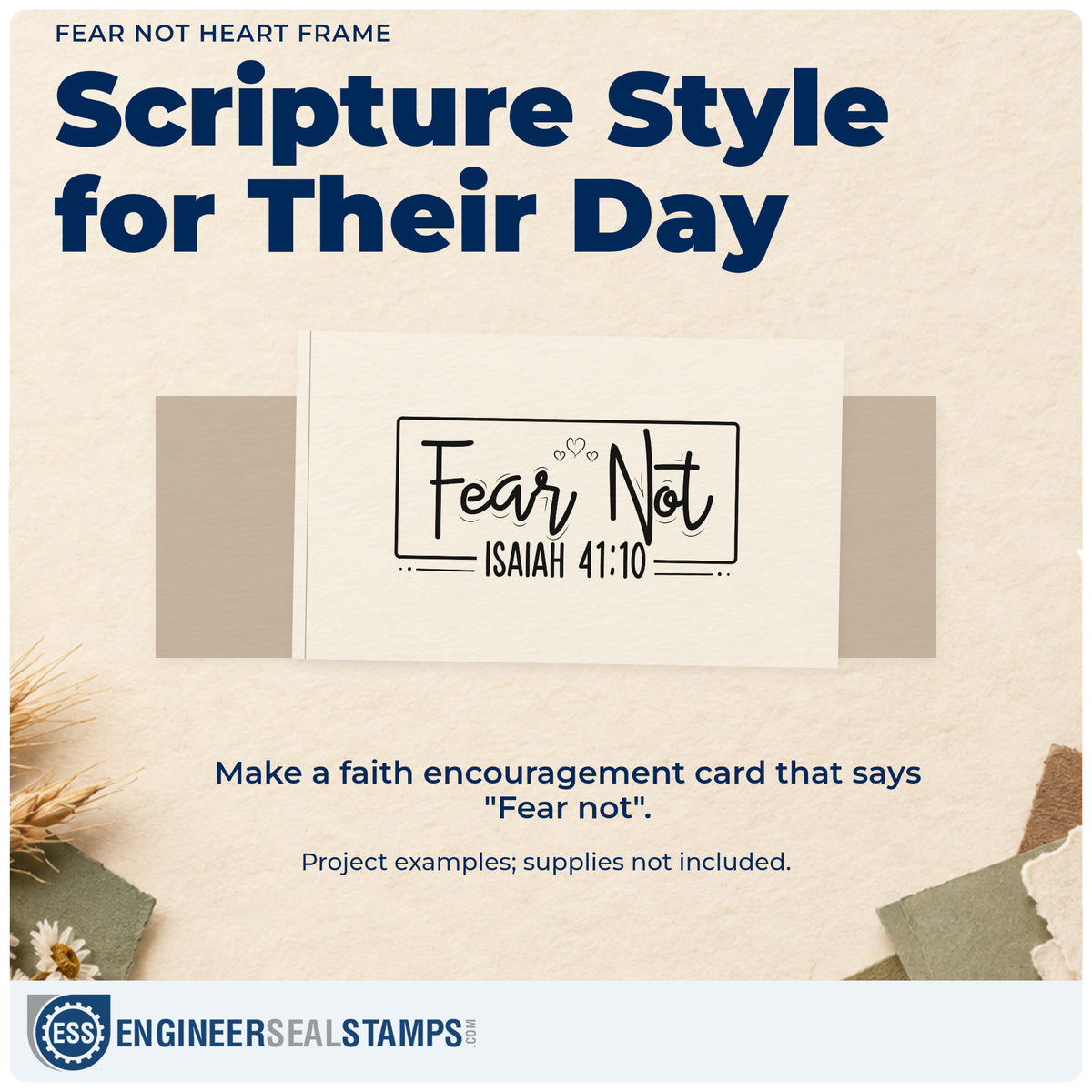 A finished handmade project stamped with the Fear Not Heart Framed Lettering Premium Wooden Stamp - Vintage Pro, ideal for moving day tags.