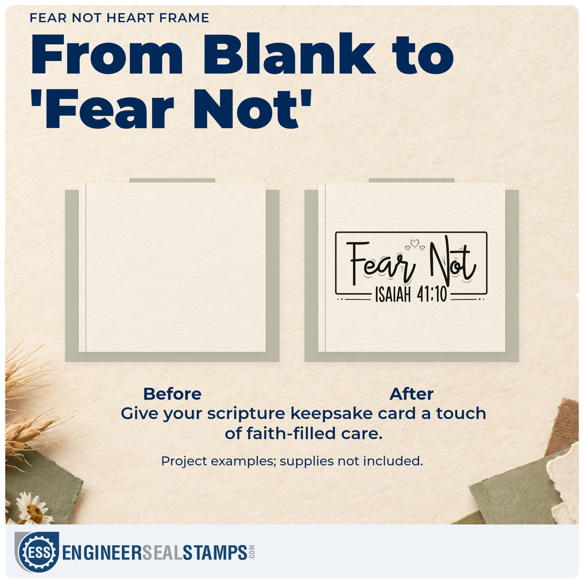 Before and after of a plain item finished with the Fear Not Heart Framed Lettering Self-Inking Stamp, a quick upgrade for hospital room signs.