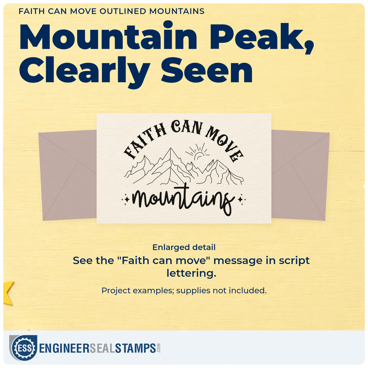 Enlarged detail of the Faith Can Move Outlined Mountains Rubber Stamp – Wood Handle imprint. Outlined mountain peaks and a sun sit between "Faith can move" and "Mountains" script.
