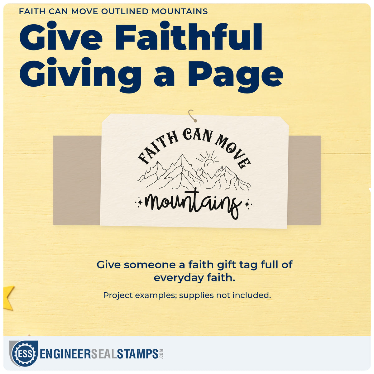 A finished handmade project stamped with the Faith Can Move Outlined Mountains Rubber Stamp – Wood Handle, ideal for summit gift tags.