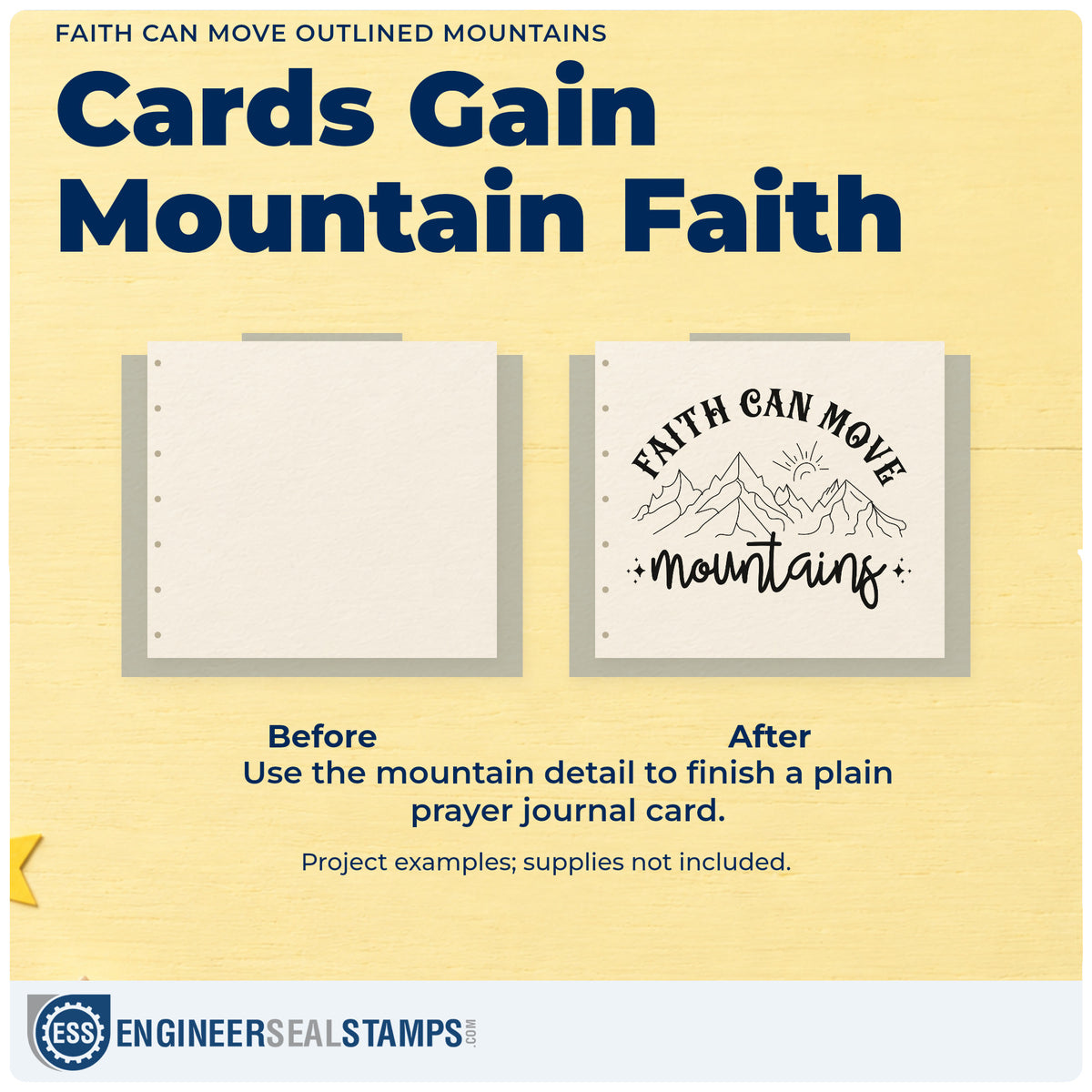 Before and after of a plain item finished with the Faith Can Move Outlined Mountains Stamp – Slim Pre-Inked, a quick upgrade for retreat name badges.