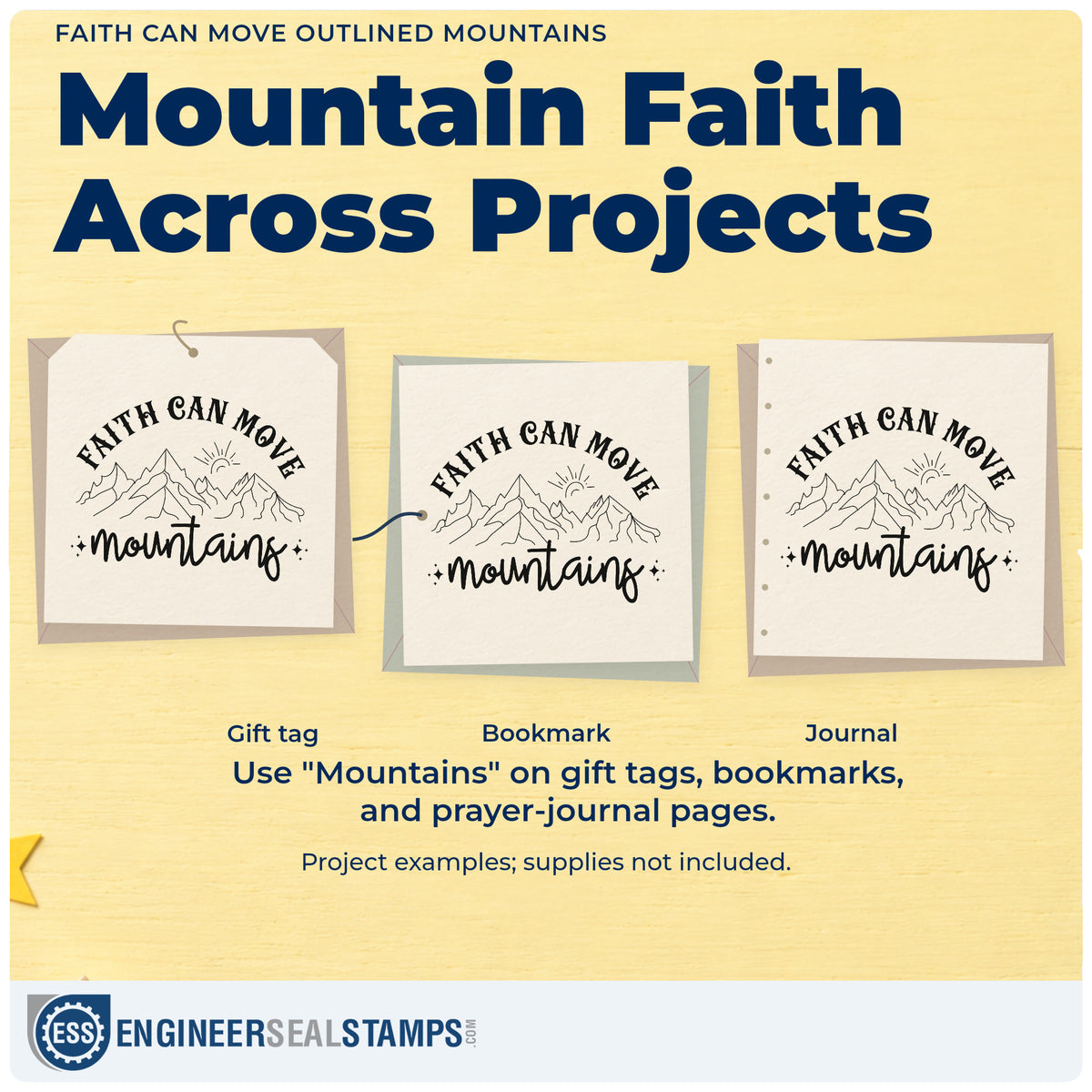 Three project examples made with the Faith Can Move Outlined Mountains Premium Wood-Mounted Stamp - Vintage Pro, including adventure scrapbooks.