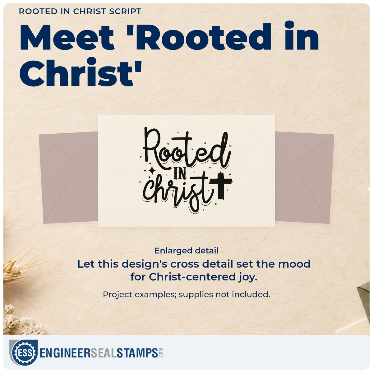 Enlarged detail of the Rooted In Christ Script Lettering Rubber Stamp – Duo Hand imprint. Large flowing lettering reads "Rooted in Christ," with a cross and sparkles.