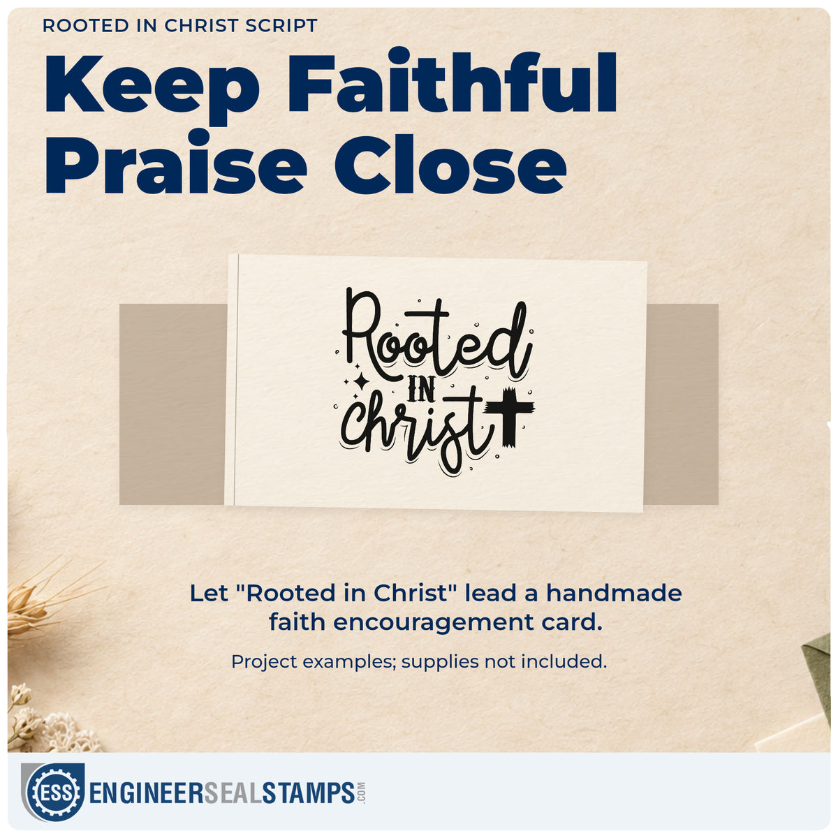 A finished handmade project stamped with the Rooted In Christ Script Lettering Rubber Stamp – Duo Hand, ideal for plant gift tags.