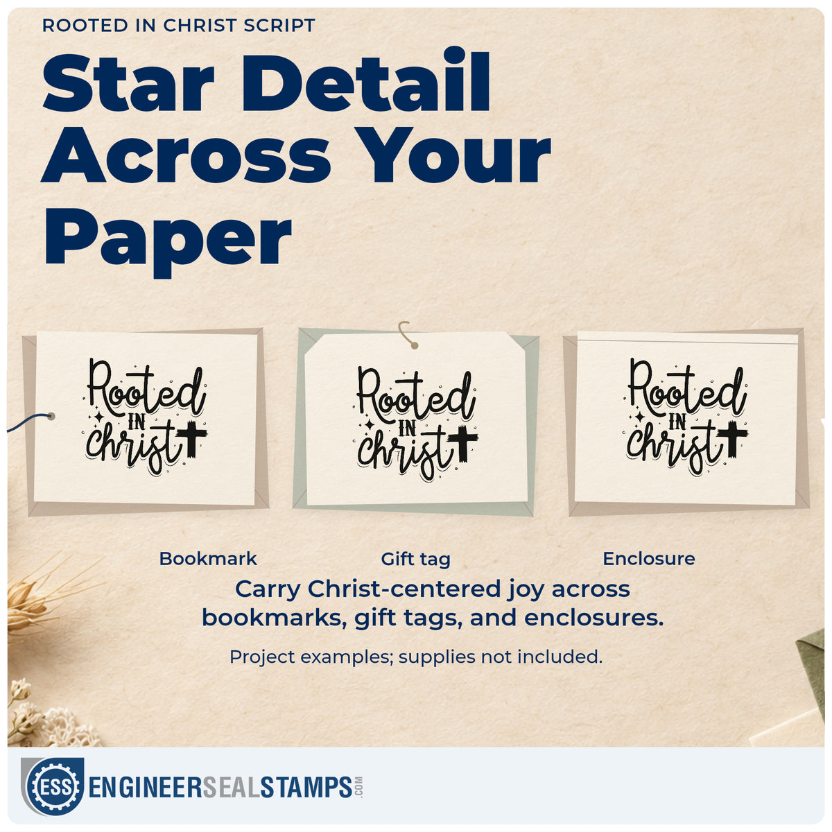 Three project examples made with the Rooted In Christ Script Lettering Rubber Stamp – Duo Hand, including bible study pages.