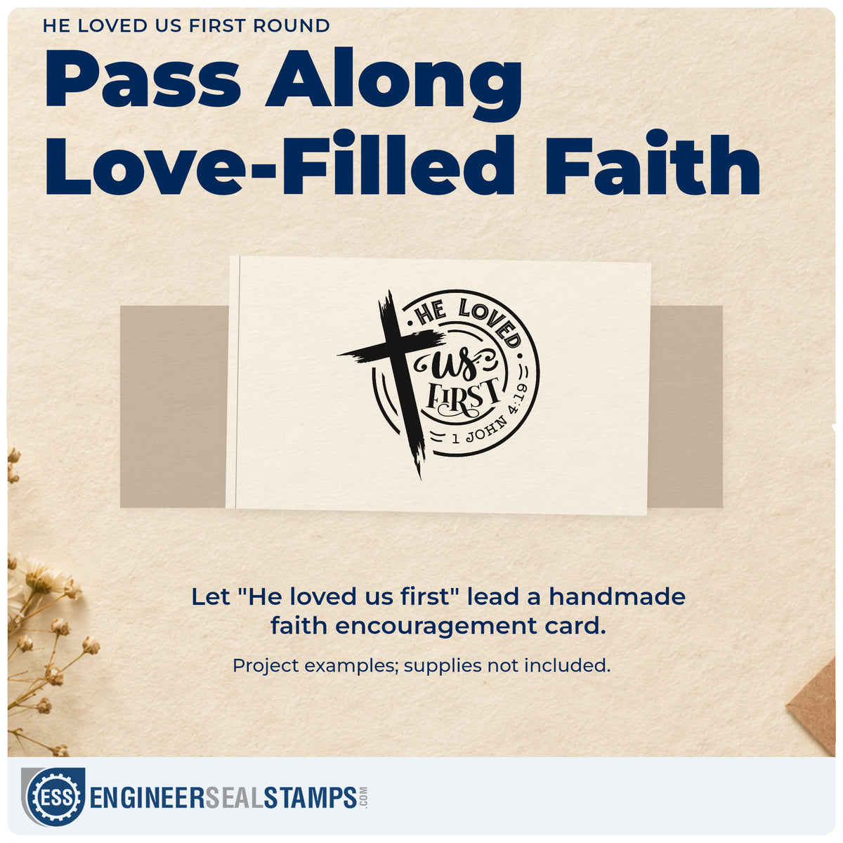 A finished handmade project stamped with the He Loved Us First Round Rubber Stamp – Wood Handle, ideal for coffee sleeve bands.