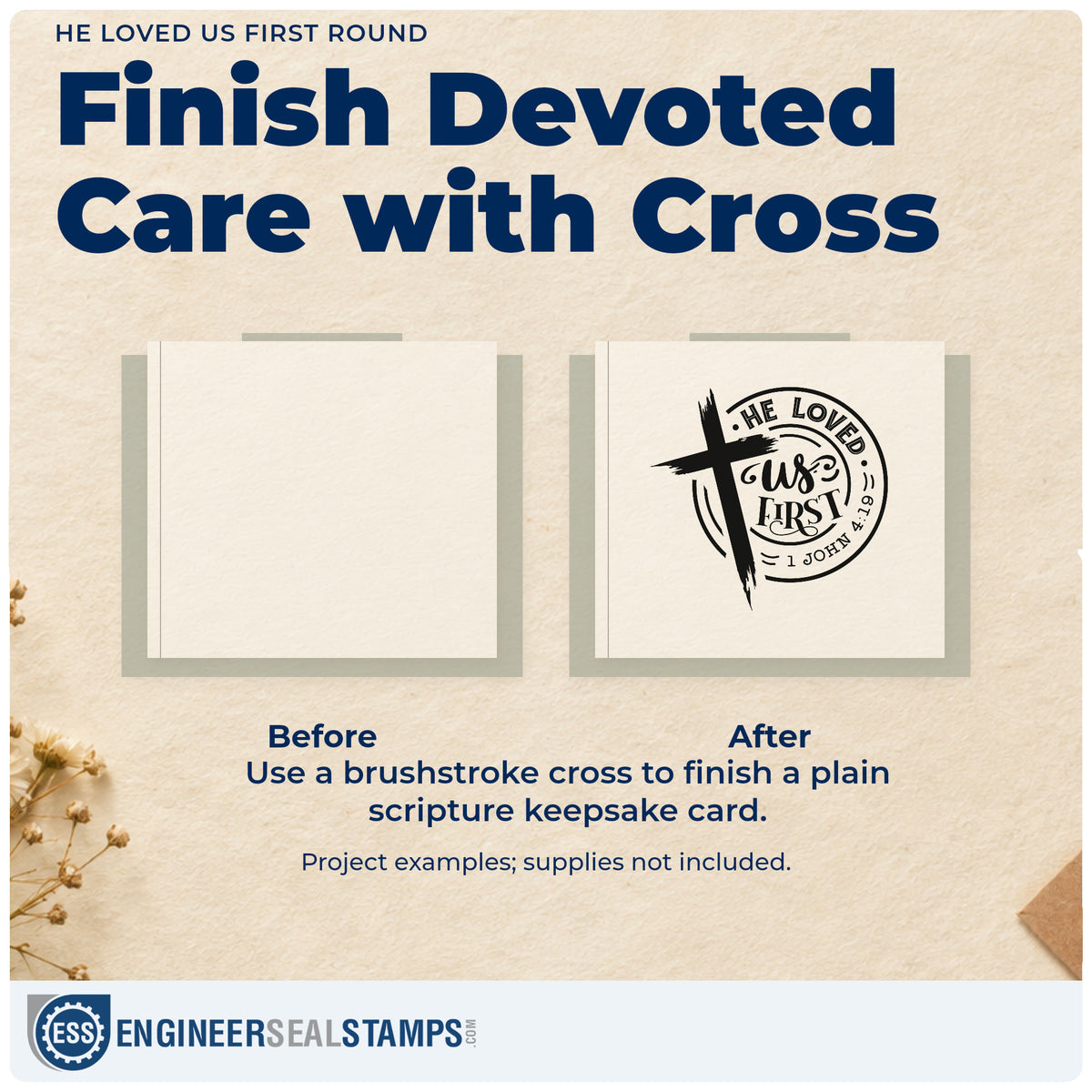 Before and after of a plain item finished with the He Loved Us First Round Premium Wooden Stamp - Vintage Pro, a quick upgrade for ornament crafts.