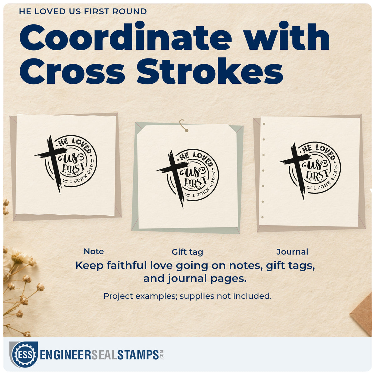 Three project examples made with the He Loved Us First Round Premium Wooden Stamp - Vintage Pro, including jar lid toppers.