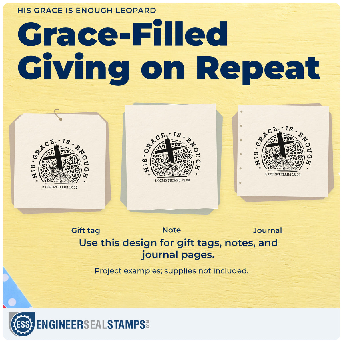 Three project examples made with the His Grace Is Enough Leopard With Cross Rubber Stamp – Duo Hand, including ladies event pages.