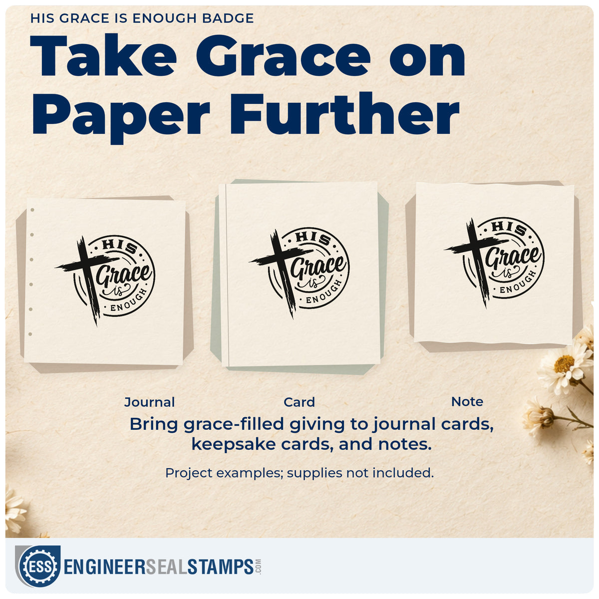 Three project examples made with the His Grace Is Enough Badge Rubber Stamp – Wood Handle, including devotional bookmarks.
