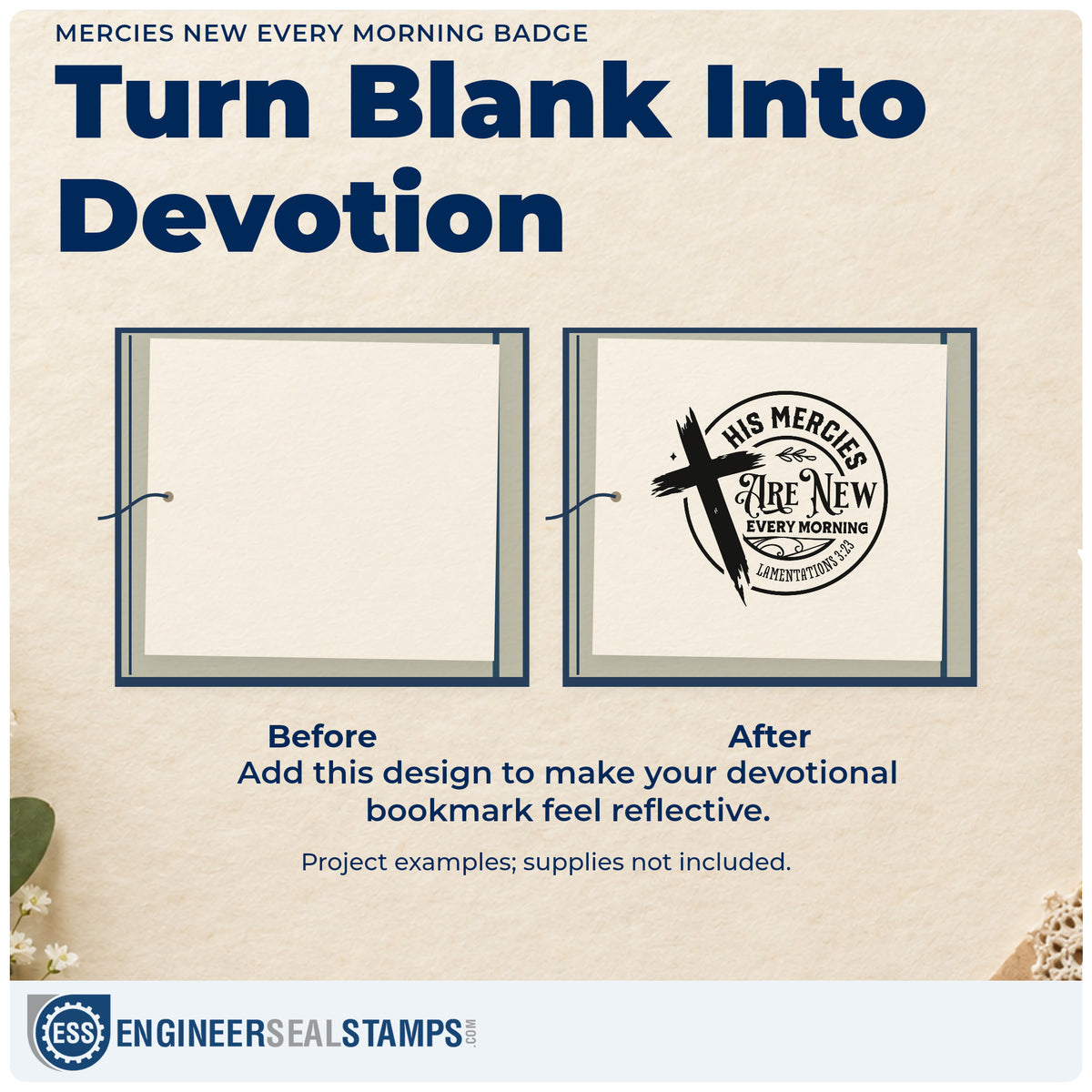 Before and after of a plain item finished with the Mercies New Every Morning Badge Rubber Stamp – Duo Hand, a quick upgrade for alarm clock labels.