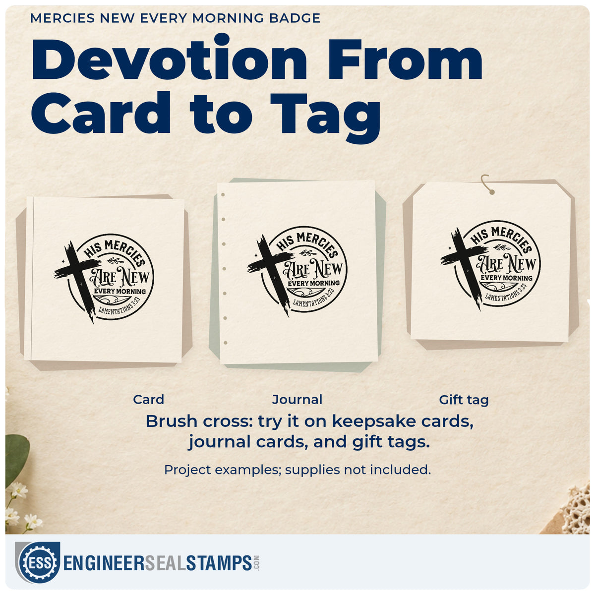 Three project examples made with the Mercies New Every Morning Badge Wood Handle Stamp, including sunrise photo pages.
