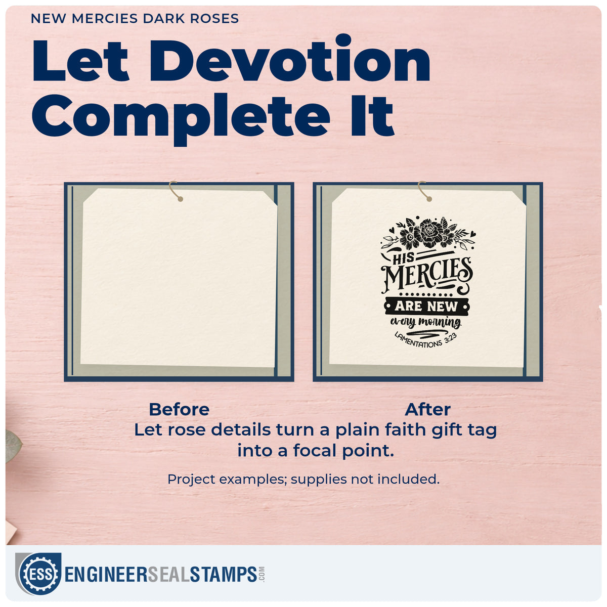 Before and after of a plain item finished with the Vintage Pro New Mercies Solid Roses Premium Wooden Stamp, a quick upgrade for widow care totes.