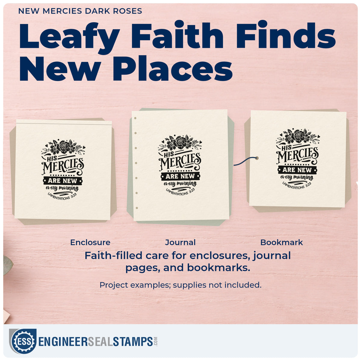 Three project examples made with the New Mercies Solid Roses Self-Inking Stamp, including grief journal pages.