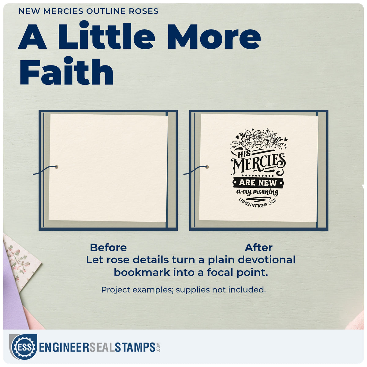 Before and after of a plain item finished with the New Mercies Outline Roses Botanical Sprig Pre-Inked Stamp – PSI, a quick upgrade for soap wrap bands.