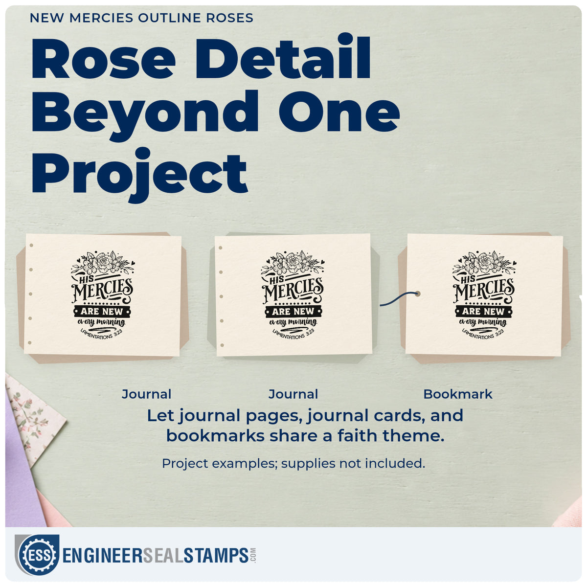 Three project examples made with the New Mercies Outline Roses Botanical Sprig Pre-Inked Stamp – PSI, including recipe card borders.